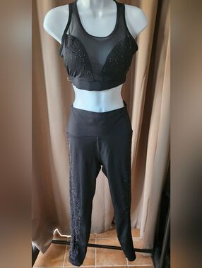 Black Mesh Crop Sports Bra, Tank Top & High-Waist Leggings Set